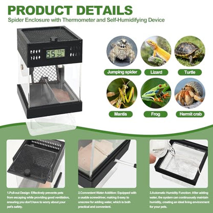 Pre-Assembled Jumping Spider Enclosure,Spider Enclosure with Thermometer and Self-Humidifying Device,Insect Terrarium with All-Side Ventilation, Praying Mantis Habitat,Includes a Hideout.