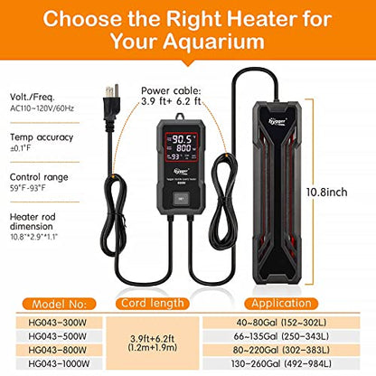 hygger Aquarium Heater 300W/500W/800W/1000W, Submersible Fish Tank Heater | With Digital LED Controller and Intelligent Leaving Water Automatically Stop Heating System, for Freshwater and Saltwater - size: 800W for 80-220 Gallon