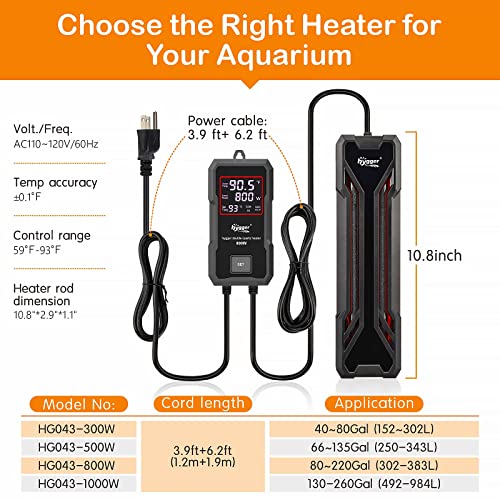 hygger Aquarium Heater 300W/500W/800W/1000W, Submersible Fish Tank Heater | With Digital LED Controller and Intelligent Leaving Water Automatically Stop Heating System, for Freshwater and Saltwater - size: 800W for 80-220 Gallon