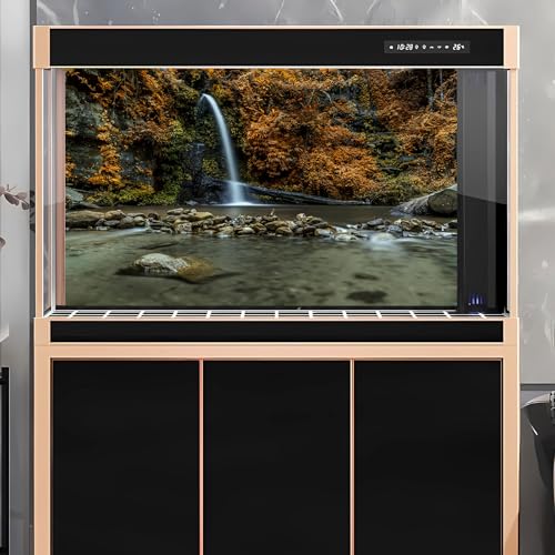 Waterfall Aquarium Background Natural Autumn Forest Yellow Leaves Landscape Terrarium Background Tranquil Lake Stream with Rocks Fish Tank Background Falls Theme Aquarium Backdrop Vinyl 24x12in - color: Brown, size: 24(W)x12(H)in