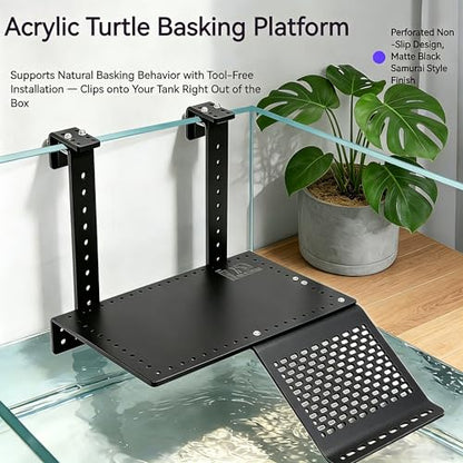 Adjustable Hanging Acrylic Turtle Basking Platform 8"x4.6" | Black Turtle Dock with Non-Slip Climbing Ramp, Fits 0.3"-2" Thick Aquarium Rims, High Water Level Basking Terrace for Aquatic Turtles & Reptiles M Size