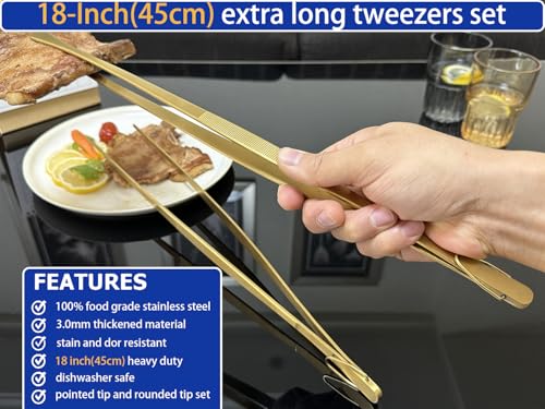JETKONG 2 Pcs 18 Inch (45cm) Stainless Steel Grill Tongs Heavy Duty Giant Tweezer Tongs, Extra Large Tweezers Tools for Cooking, Grilling, BBQ and Turning Food (Gold) - color: Gold, size: 18+18 Inch