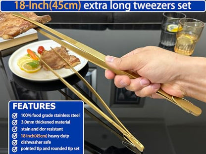 JETKONG 2 Pcs 18 Inch (45cm) Stainless Steel Grill Tongs Heavy Duty Giant Tweezer Tongs, Extra Large Tweezers Tools for Cooking, Grilling, BBQ and Turning Food (Gold) - color: Gold, size: 18+18 Inch