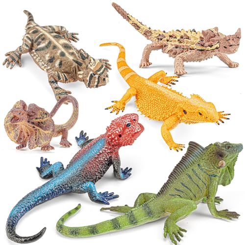 6PCS Large Lizard Figurines Animal Toys, Realistic Plastic Reptile Animal Figures, Includes Bearded Dragon,Green Iguana,Frilled,Coast Horned,Plains Rock Figures, Educational Toy for Kids - style: 6PCS Lizards-1