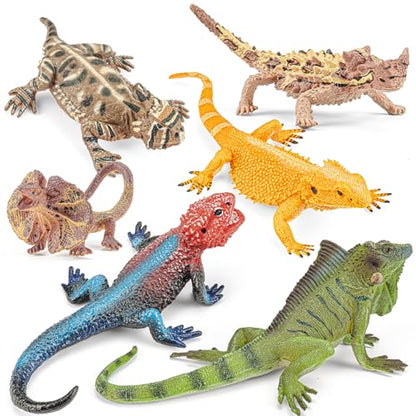 6PCS Large Lizard Figurines Animal Toys, Realistic Plastic Reptile Animal Figures, Includes Bearded Dragon,Green Iguana,Frilled,Coast Horned,Plains Rock Figures, Educational Toy for Kids - style: 6PCS Lizards-1