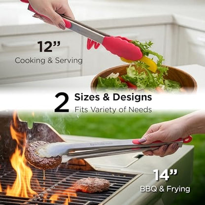 Kitchen Mama DuoEssentials Cooking Tongs Set, Red | Silicone Tip, Stainless Steel, Locking Ring, Heat Resistant, Non Stick Cookware Safe - color: Red