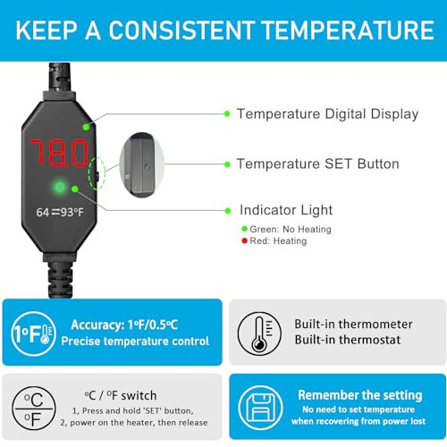 YukiHalu Small Aquarium Heater 25/50/100/150W with Protective Cover, Mini Fish Tank Heater, External Controller, Temperature Adjustable, Digital Display, Used for 5/10/20/30 Gallons (25W-5Gallon) - size: 25W-5Gallon