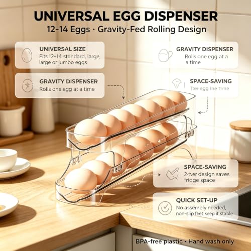 Gagee Clear Egg Holder for Fridge, 2 Layer | Auto Rolling, Space Saving Container, Dispenser Egg Roller, Refrigerator Storage Organizer