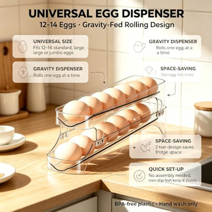 Gagee Clear Egg Holder for Fridge, 2 Layer | Auto Rolling, Space Saving Container, Dispenser Egg Roller, Refrigerator Storage Organizer
