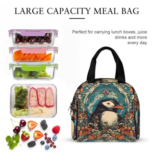 Retro Penguin Flowers Lunch Bag for Women Men | Insulated Lunch Box Leakproof Food Meal Containers Reusable Foldable 6L Capacity Lunch Tote Bags for Work Picnic Travel - color: style-13
