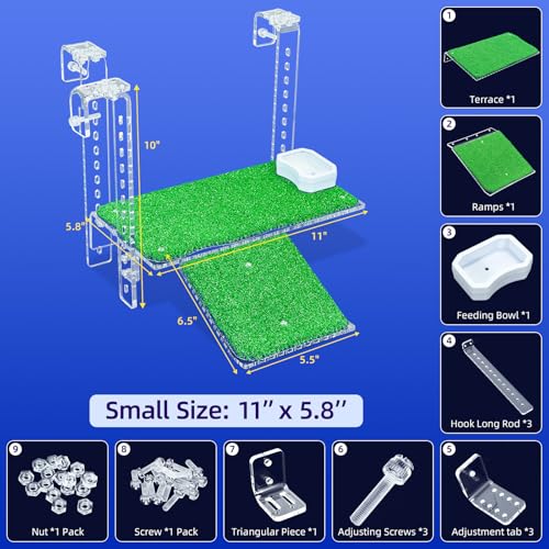 Adjustable Hanging Acrylic Turtle Basking Platform with Ramp 11x5.8 | Anti-slip grass deck for safe basking; adjustable clips fit most rims. Sturdy acrylic ramp, easy setup. Clear view. - size: 11x5.8 Inch