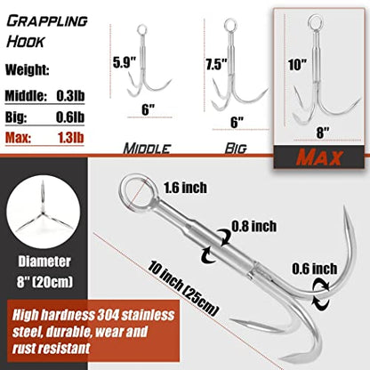 Grappling Hook with Rope-Includes Nylon Rope 6/8/10mm 50FT,Large Grapple Hook(Heavy Duty) and Double Carabiner,for Magnet Fishing/Drag/Tree Limb Removal - style: Max+2/5″rope-black