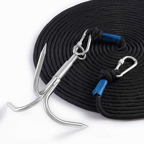 Grappling Hook with Rope-Includes Nylon Rope 6/8/10mm 50FT,Large Grapple Hook(Heavy Duty) and Double Carabiner,for Magnet Fishing/Drag/Tree Limb Removal - style: Max+2/5″rope-black