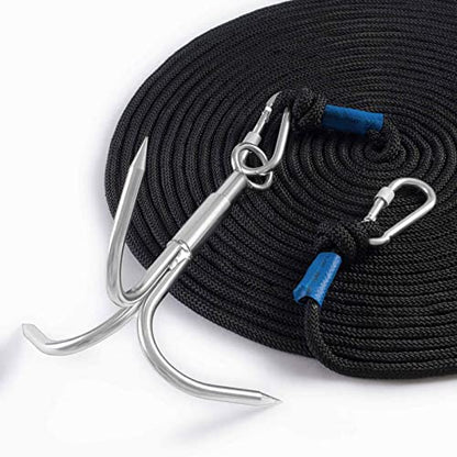 Grappling Hook with Rope-Includes Nylon Rope 6/8/10mm 50FT,Large Grapple Hook(Heavy Duty) and Double Carabiner,for Magnet Fishing/Drag/Tree Limb Removal - style: Max+2/5″rope-black