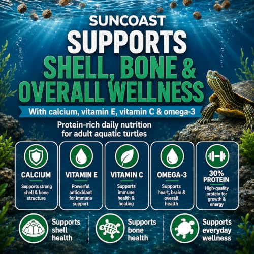 Suncoast Aquatic Turtle Food for Adult Turtles - Floating Pellets with 30% Protein, Calcium, Vitamin E, Omega-3 & Vitamin C, Complete Diet for Red Eared Sliders & Water Turtles - 1.5 lbs - size: 1.5 Pound (Pack of 1)
