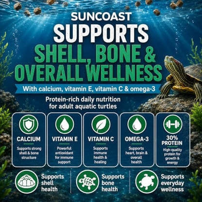 Suncoast Aquatic Turtle Food for Adult Turtles - Floating Pellets with 30% Protein, Calcium, Vitamin E, Omega-3 & Vitamin C, Complete Diet for Red Eared Sliders & Water Turtles - 3.0 lbs - size: 3 Pound (Pack of 1)