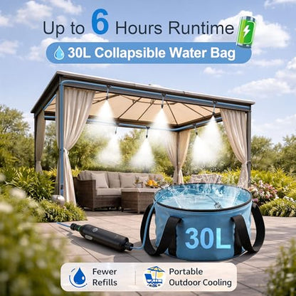 Portable Misting System for Outdoor Cooling, 23 FT Misters for Outside Patio with Rechargeable Pump, 30L Water Bag, 6 Adjustable Nozzles for Tent, Canopy, Backyard, Umbrella and Camping