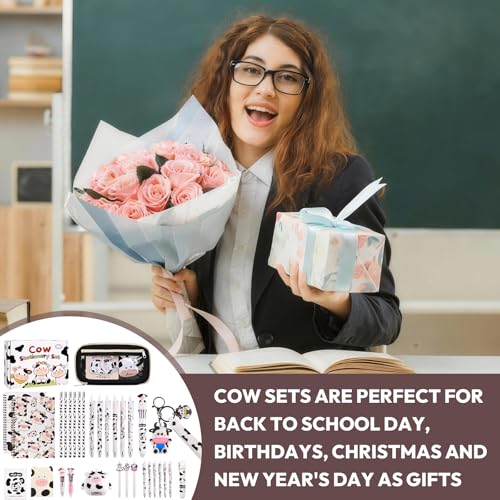 Ulema 36Pcs Cute Cow Stationery Set Birthday Gifts for Boys Girls Back to School and Classroom Rewards Office Supplies with Cow Muticolor Pen, Pencils, Erasers, Sticky Notes etc. - style: Cow