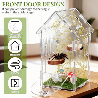 Hysagtek Jumping Spider Enclosure, Acrylic Arboreal Tarantula Enclosure Small Reptile Terrarium with Magnetic Door, Clear Jumping Spider Enclosure Accessories