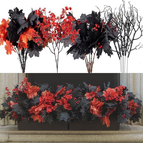 16pcs Fake Plants Outdoor, Halloween Maple Leaves Branch, Autumn Artificial Plants with Black Maple Leaves, Faux Leaves Spray for Halloween Thanksgiving Home Deocr - color: Halloween Black and Red