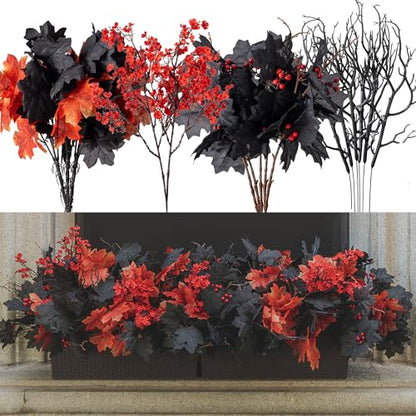 16pcs Fake Plants Outdoor, Halloween Maple Leaves Branch, Autumn Artificial Plants with Black Maple Leaves, Faux Leaves Spray for Halloween Thanksgiving Home Deocr - color: Halloween Black and Red