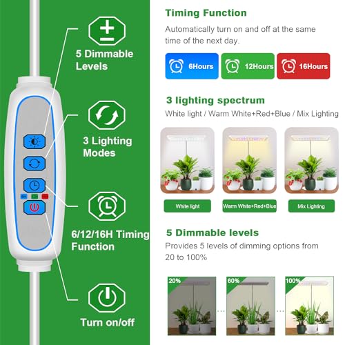 Wiaxulay Plant Grow Light, 11in Full Spectrum for Indoor Plants with Base | Desk Growing Lamp with Metal Base, 7.8-26in Adjustable, 6/12/16H Timer, 3 Lighting Modes, 5 Dimmable Levels for Small Plants - size: 2 Pack(White)