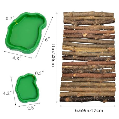 Hamiledyi 11.8" L x 6.7" W Wooden Reptile Bridge Ladder, Climbing Toy, Natural Hideout Tunnel Ramp, with Reptile Food Water Bowl for Lizards Gecko Spiders Snakes Tortoise - size: 11.8 x 6.7 inches