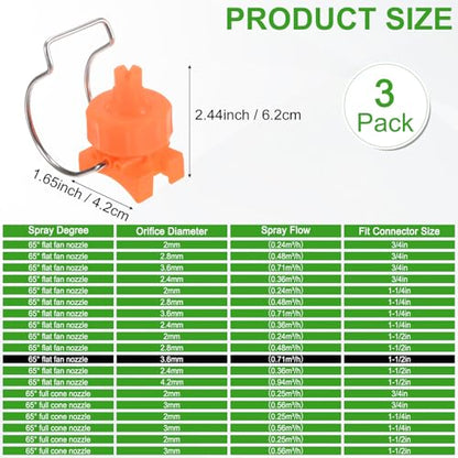M METERXITY 3-Pack Flat Fan Spray Tips, 3.6mm Pore Plastic Spray Nozzle with Clip Adjustable Atomization Nozzle for 1-1/2" Hose, 0.71 Cubic Meters Per Hour [Orange, 65 Degree] - size: 3.6mm x 1-1/2"