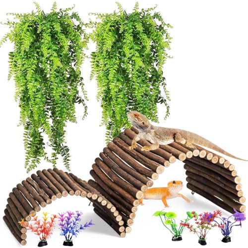 PINVNBY 9PCS Wooden Bridge Hideout and Reptile Plants Vines Climbing Terrarium Habitat Decor Hut Bearded Dragon Tank Accessories for Lizard Crested Gecko Tortoise Snake Hermit Crab