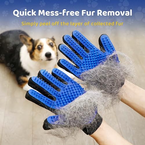 Silicone Pet Grooming Glove – 5-Finger Deshedding & Massage Mitt for Dogs & Cats – Wet & Dry Hair Removal Glove with Adjustable Strap (Right Hand), Blue