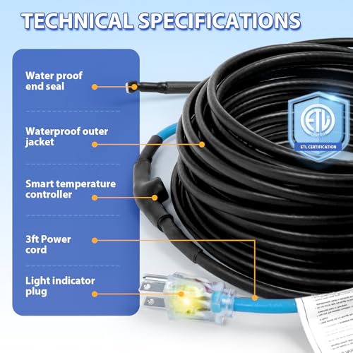Heat Tape for Water Pipes, 5W/FT Heat Trace with Thermostat 35ft | ETL certified heating cable for exposed water pipes with built-in thermostat and energy-saving operation. - style: 35-feet