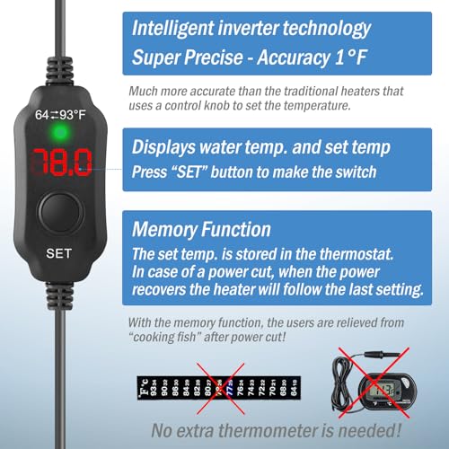 Super Mini Aquarium Heater 20W Betta Heater for 2-4 Gallon Tanks, Small Fish Tank Heater Turtle Heater with Dry-Run/Overheat Protection, Memory Function - size: For Tanks ≤ 4 Gal