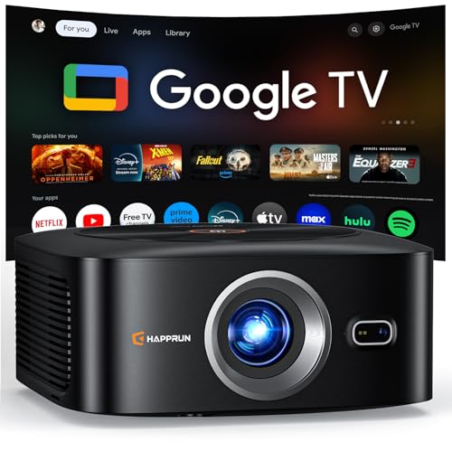 HAPPRUN 1500 ANSI Lumens Outdoor Projector with Official Google TV | 4K Supported, Dolby Audio, TOF Auto Focus & Auto Keystone, 10K+ Apps, WiFi 6, Bluetooth, Indoor & Outdoor Movies