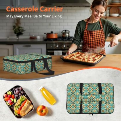 Single Deck Thermal Carrier Ethnic Geometric Print | Ethnic Geometric Pattern Mexican Tribal, Insulated Casserole Carrier with Handles Zipper Fits 9x13 Pan Potluck Party - color: Pattern (769)