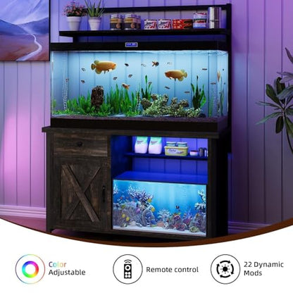 55-75 Gallon Fish Tank Stand with Storage, Aquarium Stand with Shelf, Oak | 49.2 x 19.7 In Top, Upper Shelf, LED Light, 2 Outlets, 2 USB Ports, Metal Frame Support, Turtle Tank Stand, 1100 LBS - color: Oak