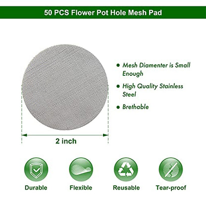 D'vine Dev 50 Pack Stainless Steel Drainage Hole Mesh, 2 Inch, 97-N-1 | Rust-Resistant Durable Material, High-Density Filtration, Prevents Soil Loss, Maintains Drainage & Airflow, Reusable