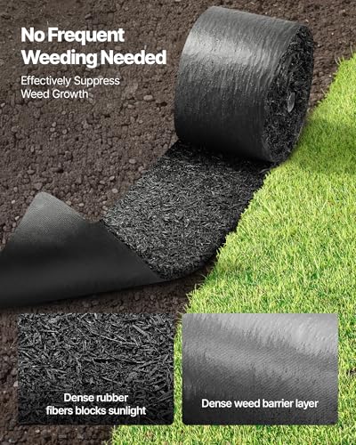 VEVOR Rubber Mulch Mat Roll, 140 x 4.5 in, Recycled Rubber Permanent Mulch Edging Border, Natural-Looking Flower Barrier with Stakes, 0.5 in Thick Cuttable Garden Edgings for Landscaping