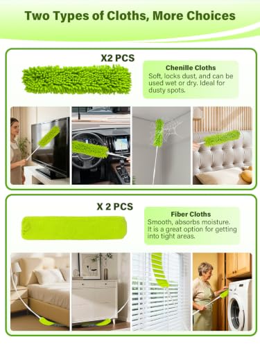 Bend-Free Gap Dust Cleaner Cleaning Tools Washable Flat Duster Brush with 4 Microfiber Chenille Dusting Cloths Long Handle 56 inches for Cleaning Under Appliances Furniture Couch Bed Fridge