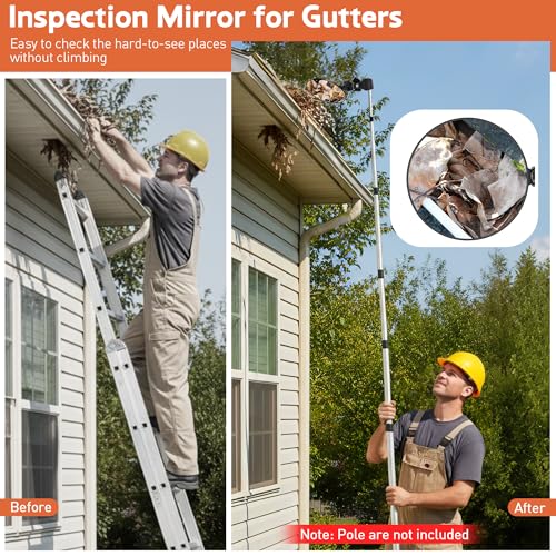 4.9" Large Expandable Inspection Mirror, 180°Tilt & 360°Rotate for Roof | 4.9" mirror tilts 180° & rotates 360°. Fits 0.6"-1.6" poles. For gutters, roofs, ducts & under vehicles