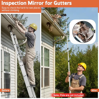 4.9" Large Expandable Inspection Mirror, 180°Tilt & 360°Rotate for Roof | 4.9" mirror tilts 180° & rotates 360°. Fits 0.6"-1.6" poles. For gutters, roofs, ducts & under vehicles