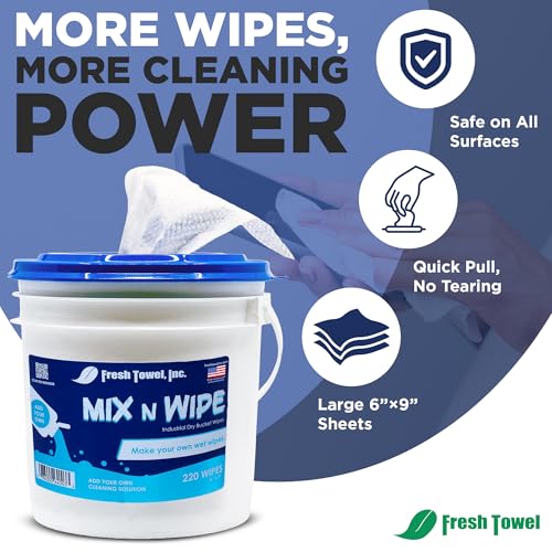 Fresh Towel Mix-N-Wipe Dry Wipes Refill, 220 Sheets, Cleaning Wipes | 6 x 9 inch center-pull format accepts a chosen liquid solution for custom wet applications at home, in garages, cars or gyms. - style: 1-Pack of 220 Wipes with Bucket