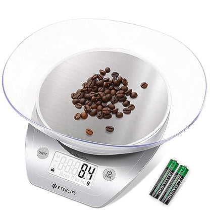 Etekcity 0.1g Food Kitchen Scale, Bowl, Digital Grams and Ounces for Weight Loss, Dieting, Baking, Cooking, and Meal Prep, 11lb/5kg, Stainless Steel Silver | 11lb/5kg capacity with tare, removable bowl, ideal for baking, coffee, meal prep and portion cont