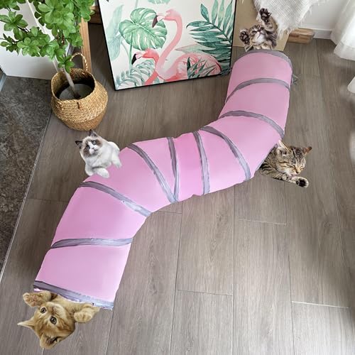 2-Way Long Collapsible Cat Tunnel Tube Toy Pink | Interactive Play Tunnel with Peek Hole for Indoor Cats, Kittens, Puppies & Rabbits | Hours of Fun & Exercise - color: Pink Grey