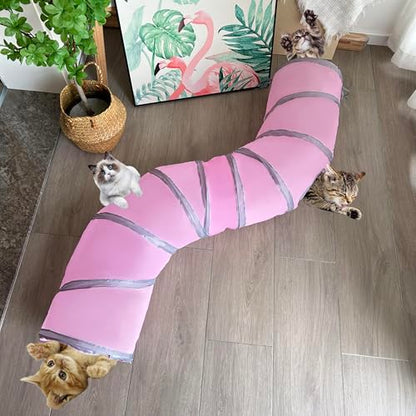 2-Way Long Collapsible Cat Tunnel Tube Toy Pink | Interactive Play Tunnel with Peek Hole for Indoor Cats, Kittens, Puppies & Rabbits | Hours of Fun & Exercise - color: Pink Grey
