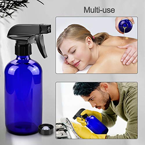Worldgsb Glass Spray Bottles, 16oz Refillable Containers, Empty Boston Round Bottles with Labels & Adjustable Nozzle for Cleaning, Gardening, Aromatherapy, Pets, Plant, Hair -Blue (2 Pack) - color: Blue, style: 2 Pack