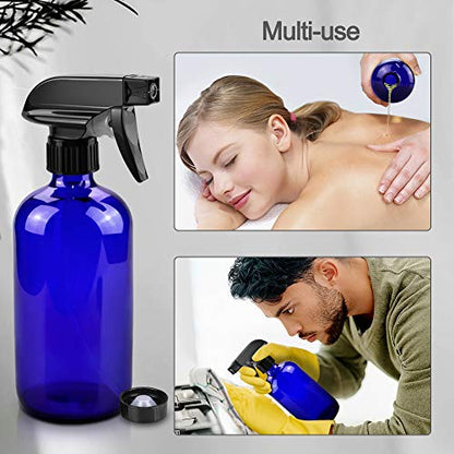 Worldgsb Glass Spray Bottles, 16oz Refillable Containers, Empty Boston Round Bottles with Labels & Adjustable Nozzle for Cleaning, Gardening, Aromatherapy, Pets, Plant, Hair -Blue (2 Pack) - color: Blue, style: 2 Pack