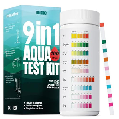 Aquarium Test Strips - 9-in-1 Aquarium Water Test Kit: Fish Tank Testing Kit for Freshwater, Saltwater, Pond, 100 Strips, Fast & Accurate pH, Hardness, & More, Lead Water Test Kit