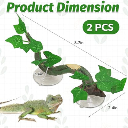 PINVNBY 2 PCS Reptile Corner Branch Terrarium Plant Decoration with Suction Cup Resin Plant for Amphibian Lizard Snake Climbing