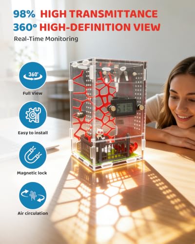 DIY Jumping Spider Enclosure, 4.7"x4.7"x7.9" Escape Proof Spider Terrarium, Small Reptile Acrylic Accessories Set, with Temperature and Humidity Detector, Platform and Hide, Tweezer, Feeding Bowl