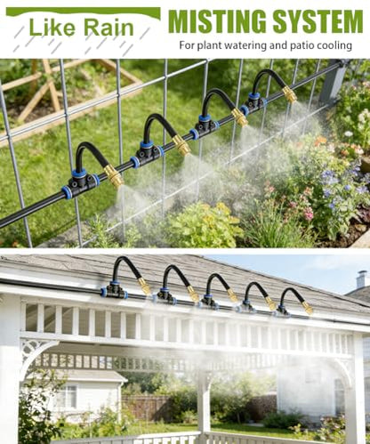80FT 5/16" Misting Irrigation System for Garden with 30 Adjustable Nozzles | 360° Bendable Copper Nozzles, Quick Connect, Steady Flow, UV-Resistant PE Tubing & Accessories, Garden Beds& Greenhouse - size: 80 FT+30 Nozzles